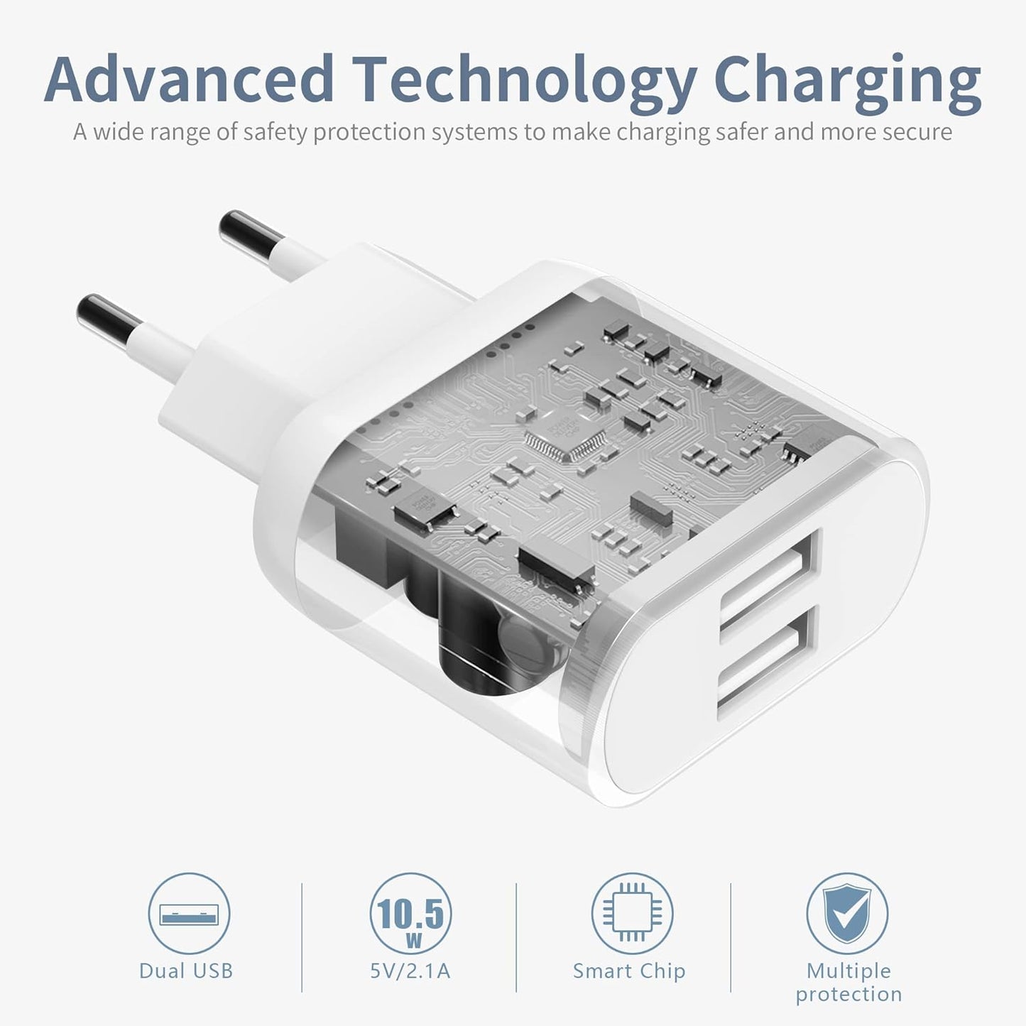 Ensemble de 2 chargeurs USB A de 10,5 W avec prise rapide pour iPhone 15, 14, 13, 12, 11, Pro Max, SE, XS, XR, 8 Plus, Samsung Galaxy, iPad, téléphones, Android, Adaptateur mural