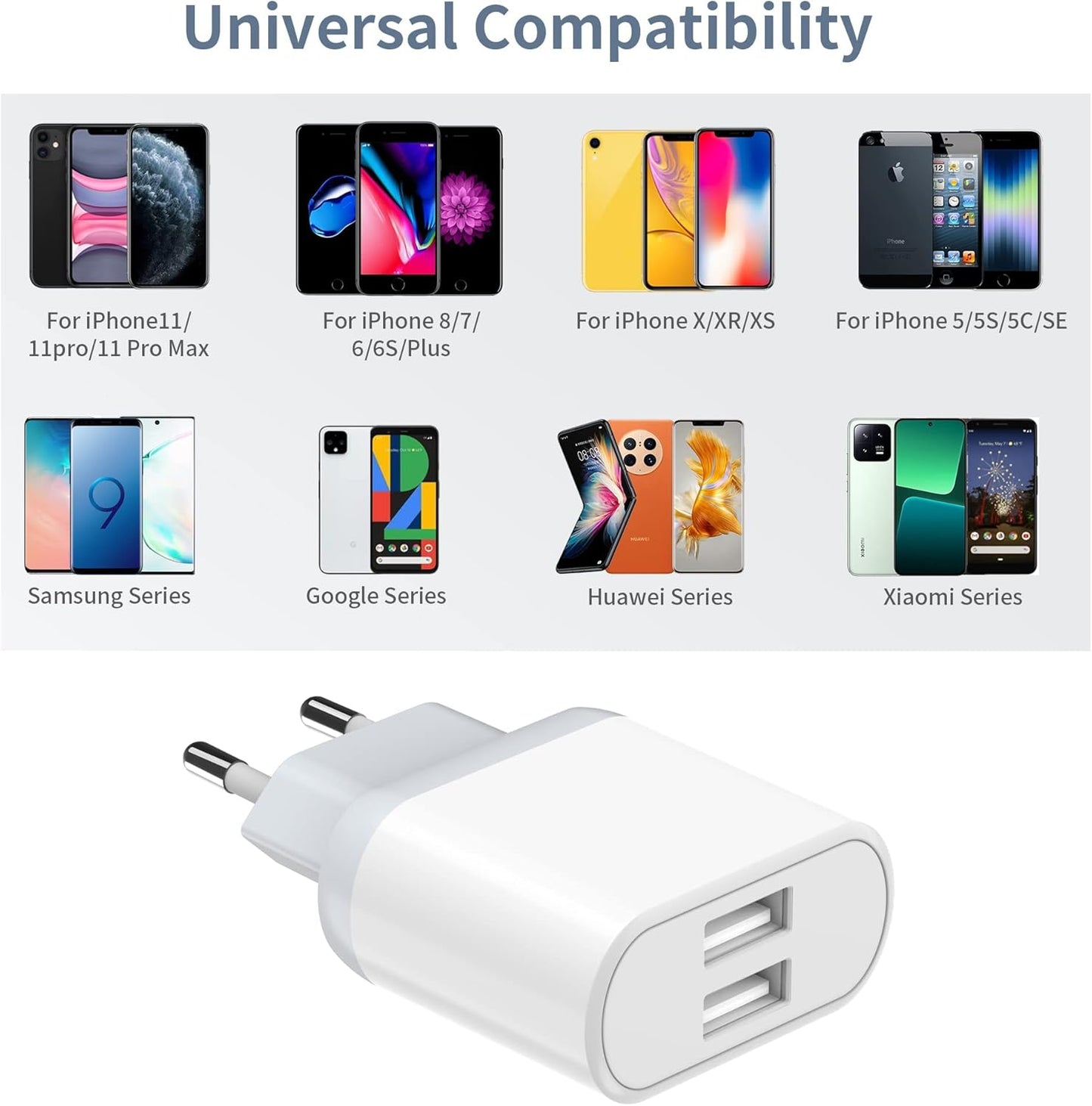 Conjunto de 2 cargadores USB A de 10,5 W con enchufe rápido para iPhone 15, 14, 13, 12, 11, Pro Max, SE, XS, XR, 8 Plus, Samsung Galaxy, iPad, teléfonos, Android, Adaptador de pared de alimentación